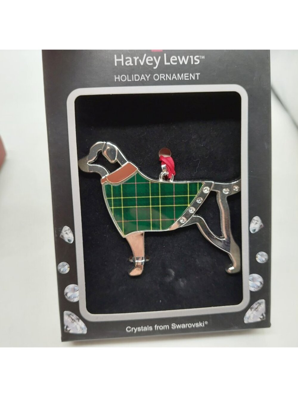 Harvey Lewis Silver Dog Ornament Wearing Green Tartan Coat Swarovski Crystals